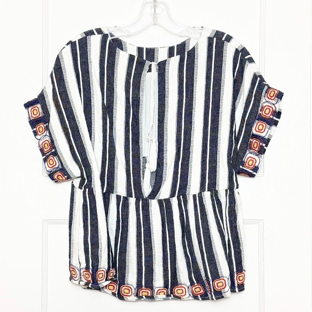 MAEVE‎ Linen Navy Stripe Embroidered Short Sleeve Empire Waist Boho Chic Top L - Picture 5 of 8